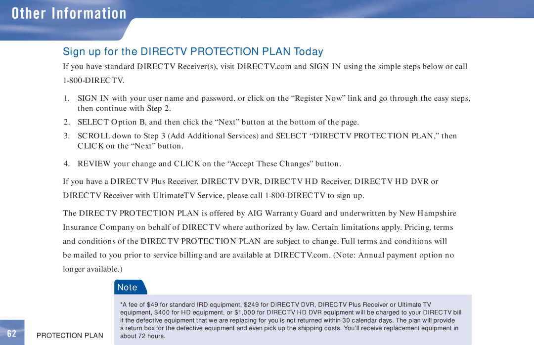 DirecTV D11 manual Sign up for the Directv Protection Plan Today 