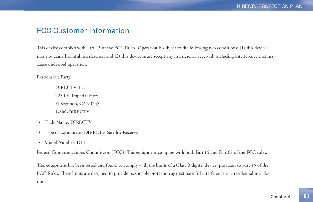 DirecTV D11 manual FCC Customer Information 