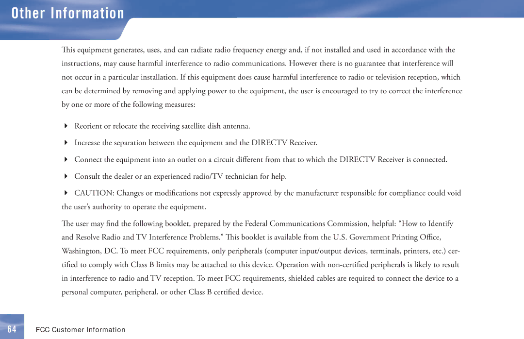 DirecTV D11 manual FCC Customer Information 