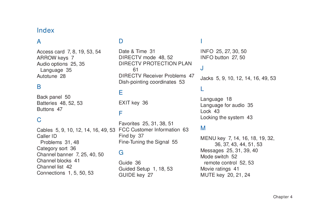 DirecTV D11 manual Index, Language 