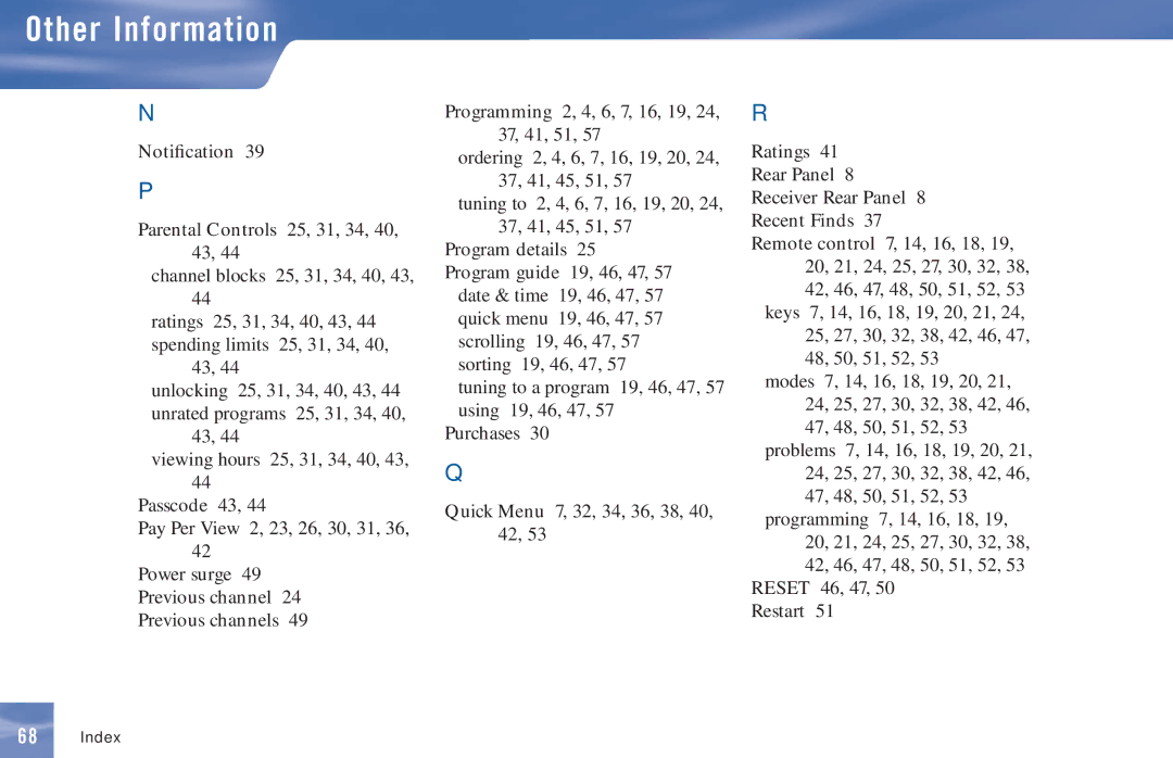 DirecTV D11 manual Ordering 6, 7, 16, 19, 20 37, 41, 45, 51 Tuning to 