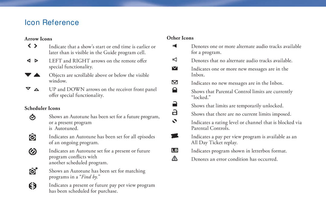 DirecTV D11 manual Icon Reference, Arrow Icons, Scheduler Icons, Other Icons 