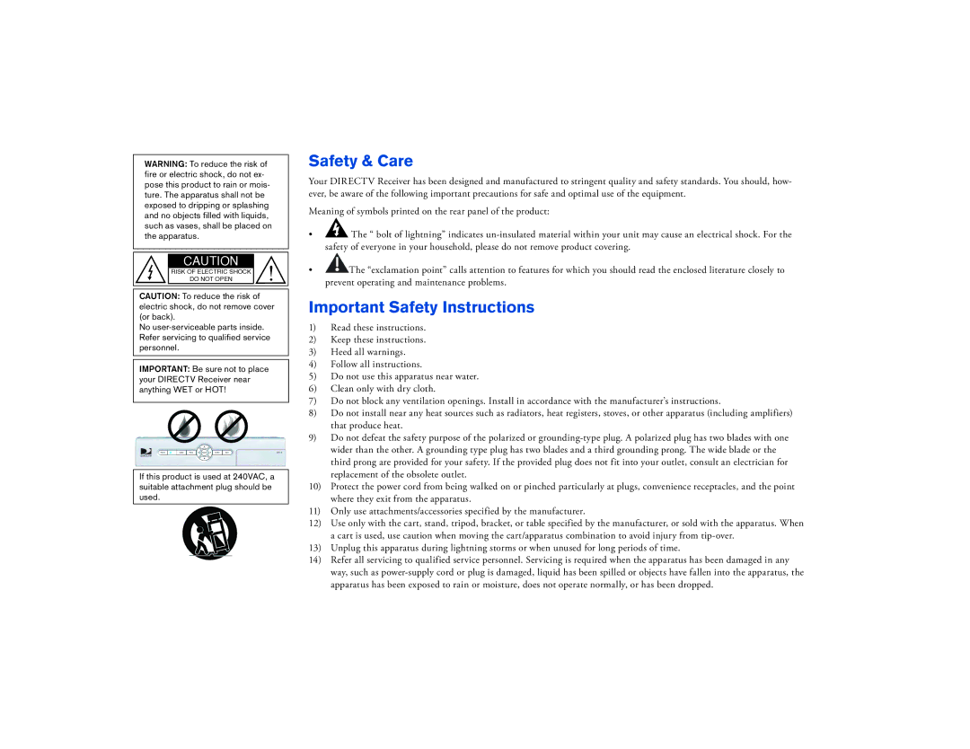 DirecTV D12 manual Safety & Care, Important Safety Instructions 