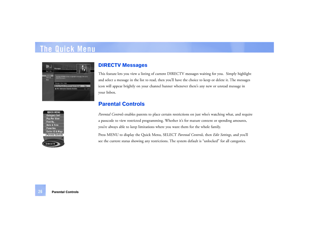 DirecTV D12 manual Parental Controls, Directv Messages 