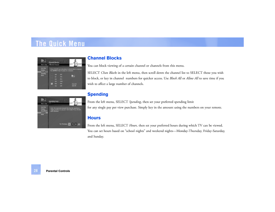 DirecTV D12 manual Channel Blocks, Spending, Hours 