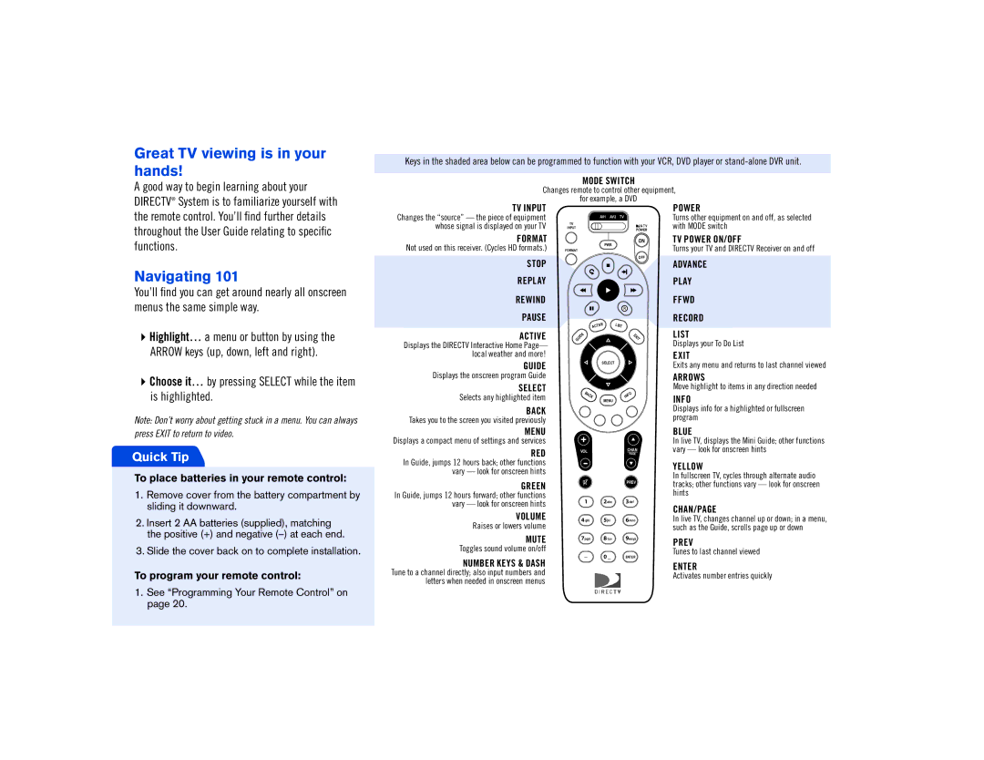 DirecTV D12 manual Great TV viewing is in your hands 