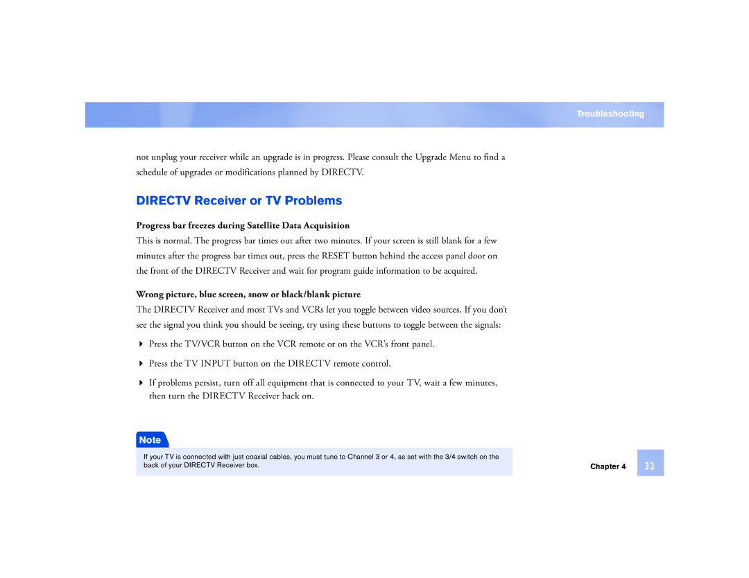 DirecTV D12 manual Directv Receiver or TV Problems, Progress bar freezes during Satellite Data Acquisition 