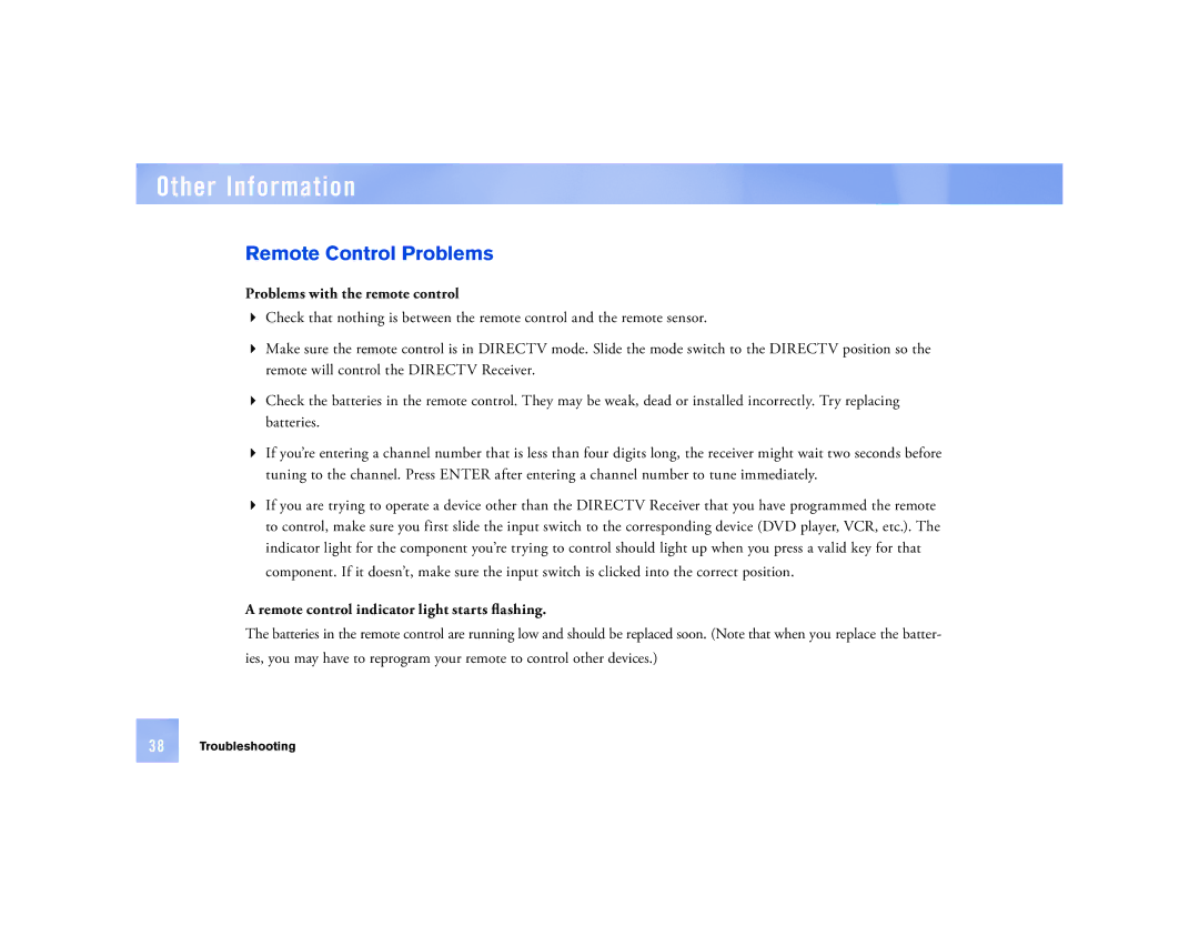 DirecTV D12 manual Remote Control Problems, Problems with the remote control, Remote control indicator light starts ﬂashing 