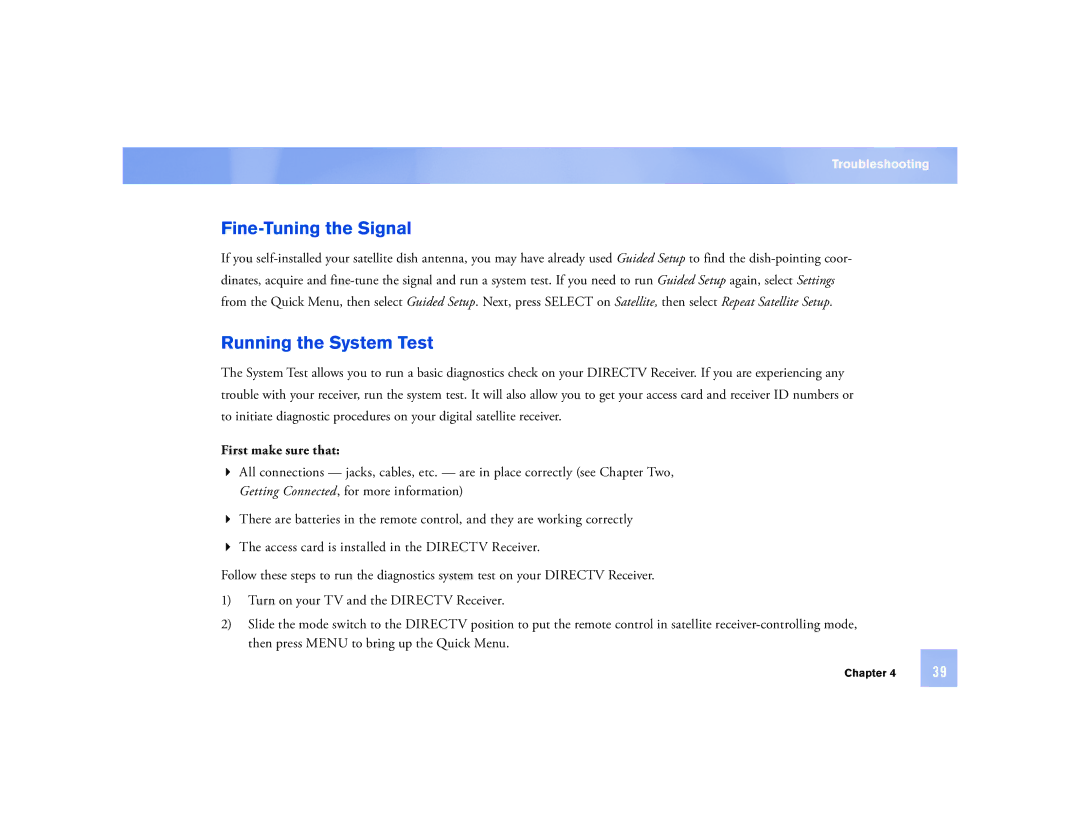 DirecTV D12 manual Fine-Tuning the Signal, Running the System Test, First make sure that 