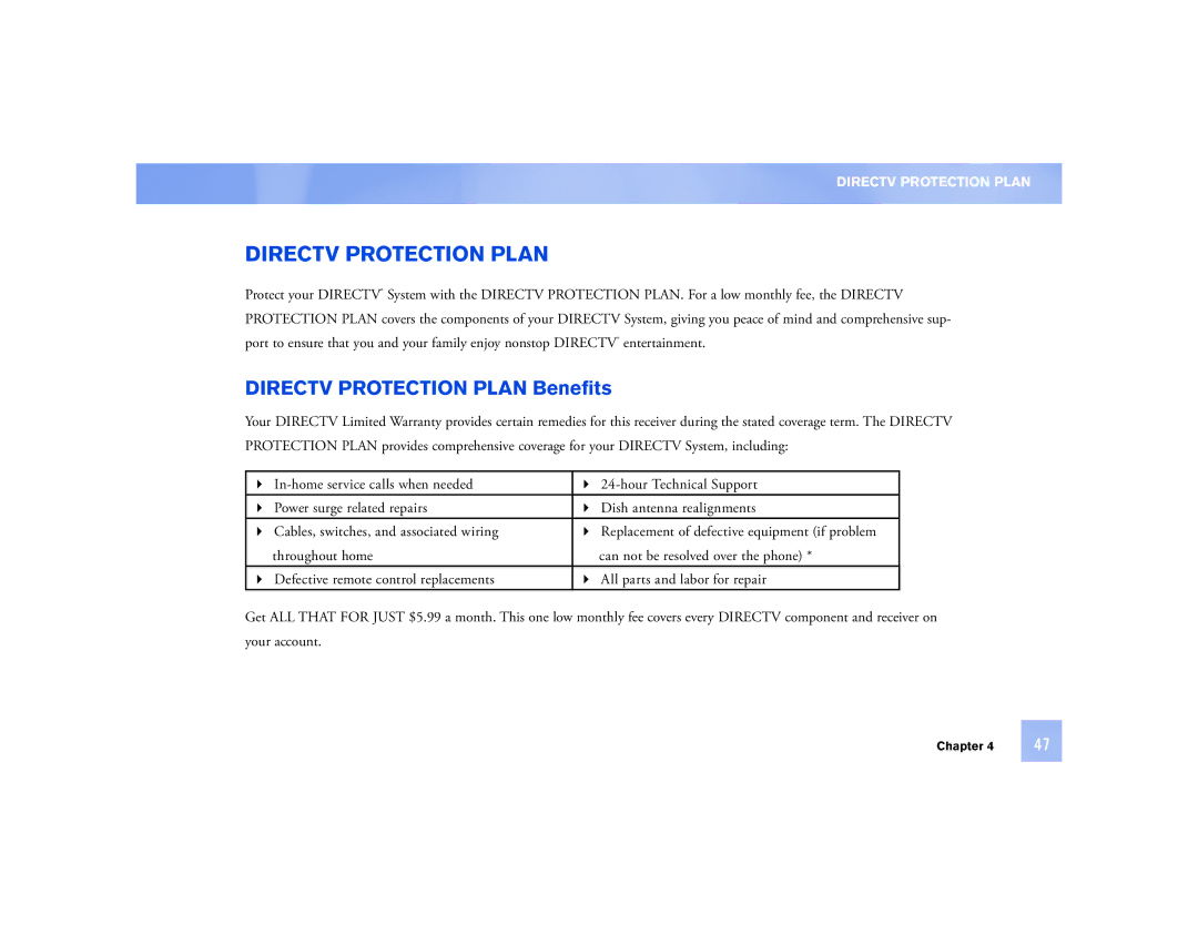 DirecTV D12 manual Directv Protection Plan Benefits 