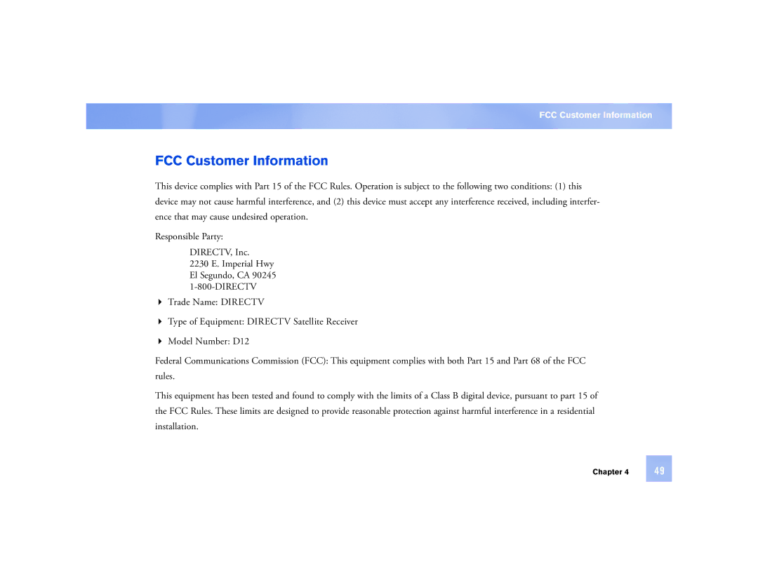 DirecTV D12 manual FCC Customer Information 