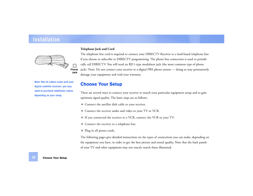 DirecTV D12 manual Choose Your Setup, Telephone Jack and Cord 