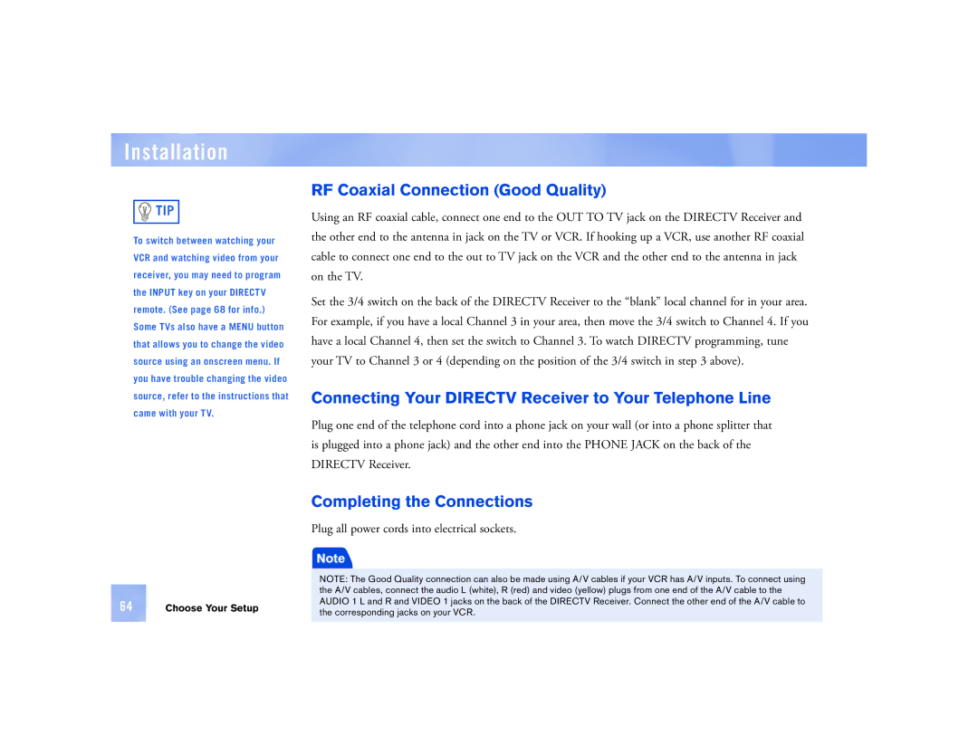 DirecTV D12 manual RF Coaxial Connection Good Quality, Connecting Your Directv Receiver to Your Telephone Line 