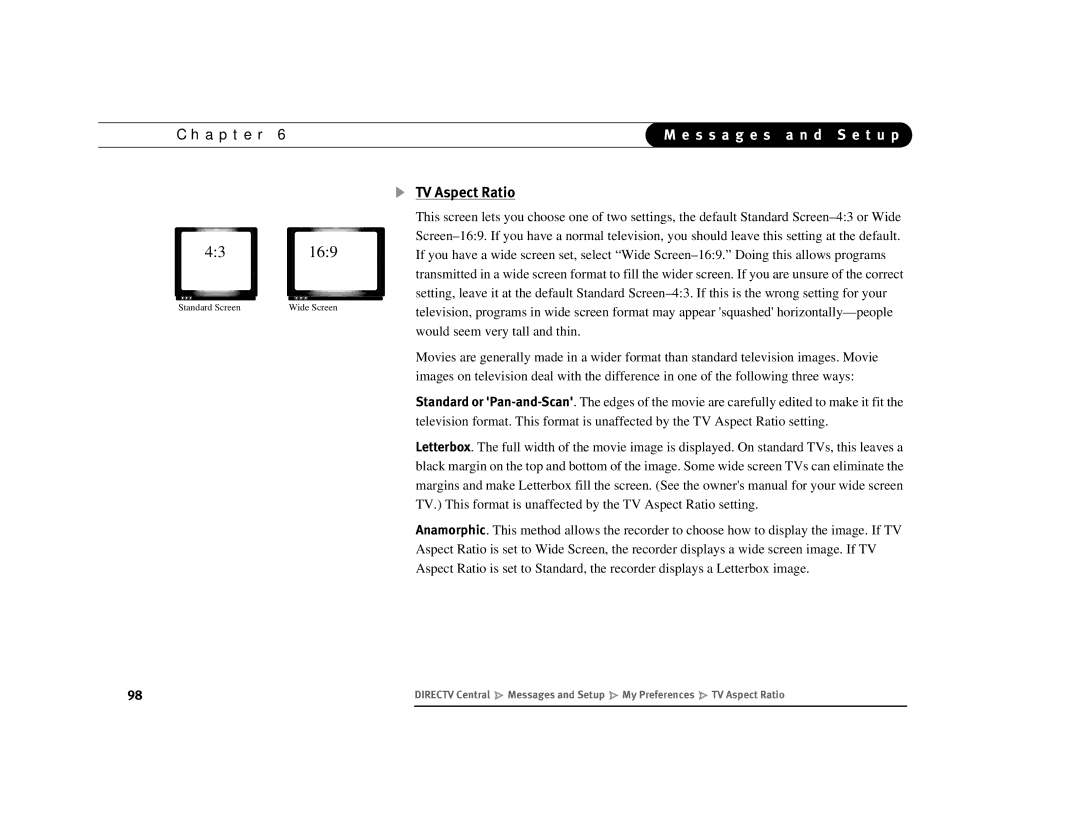 DirecTV Digital Satellite Recorder manual 43169, TV Aspect Ratio 