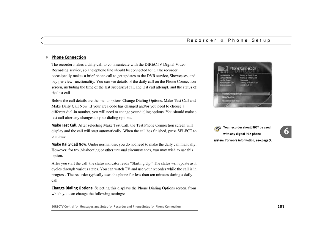 DirecTV Digital Satellite Recorder manual Phone Connection 