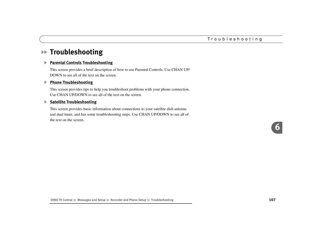 DirecTV Digital Satellite Recorder manual Parental Controls Troubleshooting, Satellite Troubleshooting 