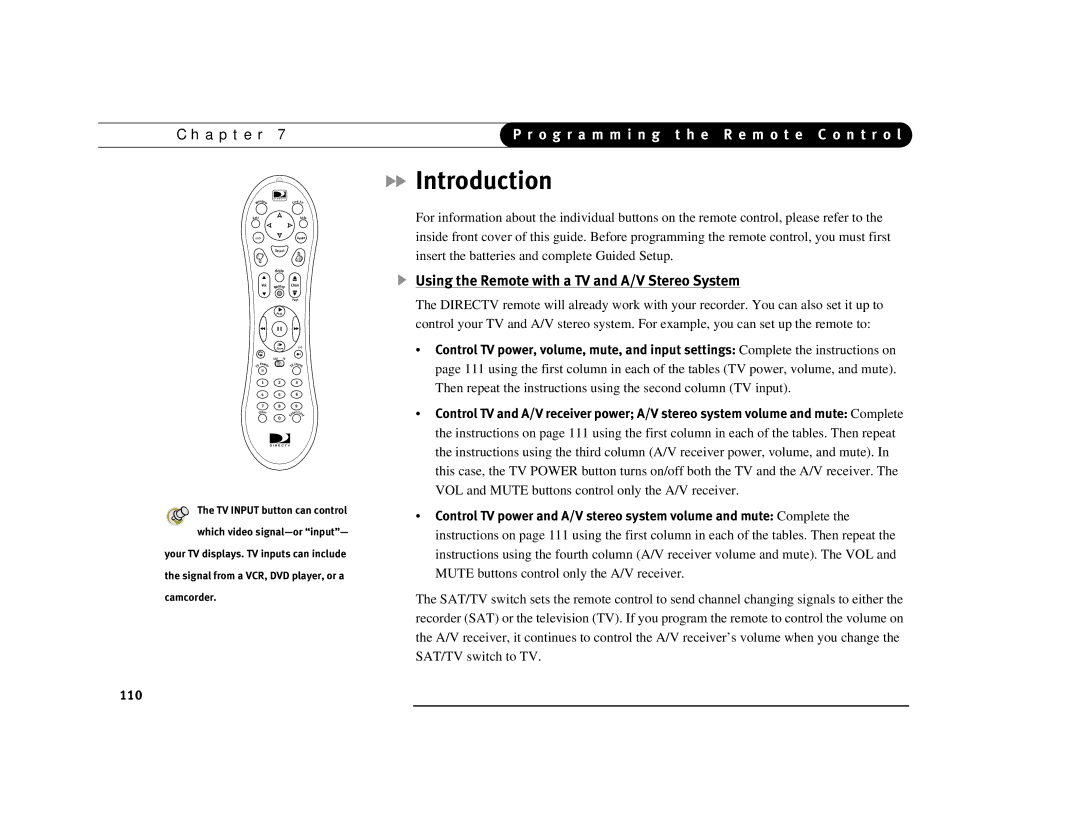 DirecTV Digital Satellite Recorder manual Introduction, Using the Remote with a TV and A/V Stereo System 