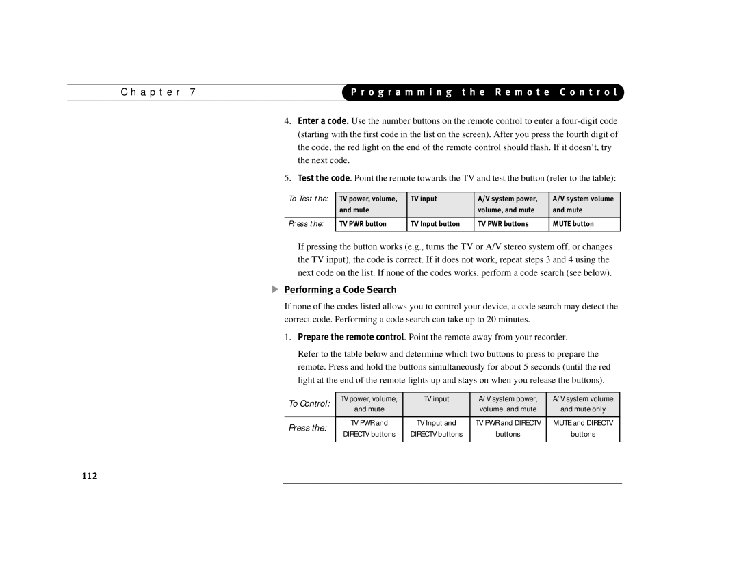 DirecTV Digital Satellite Recorder manual Performing a Code Search, 112 