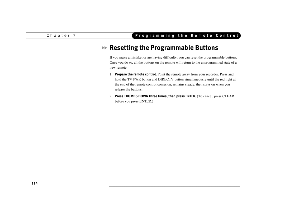 DirecTV Digital Satellite Recorder manual Resetting the Programmable Buttons, 114 