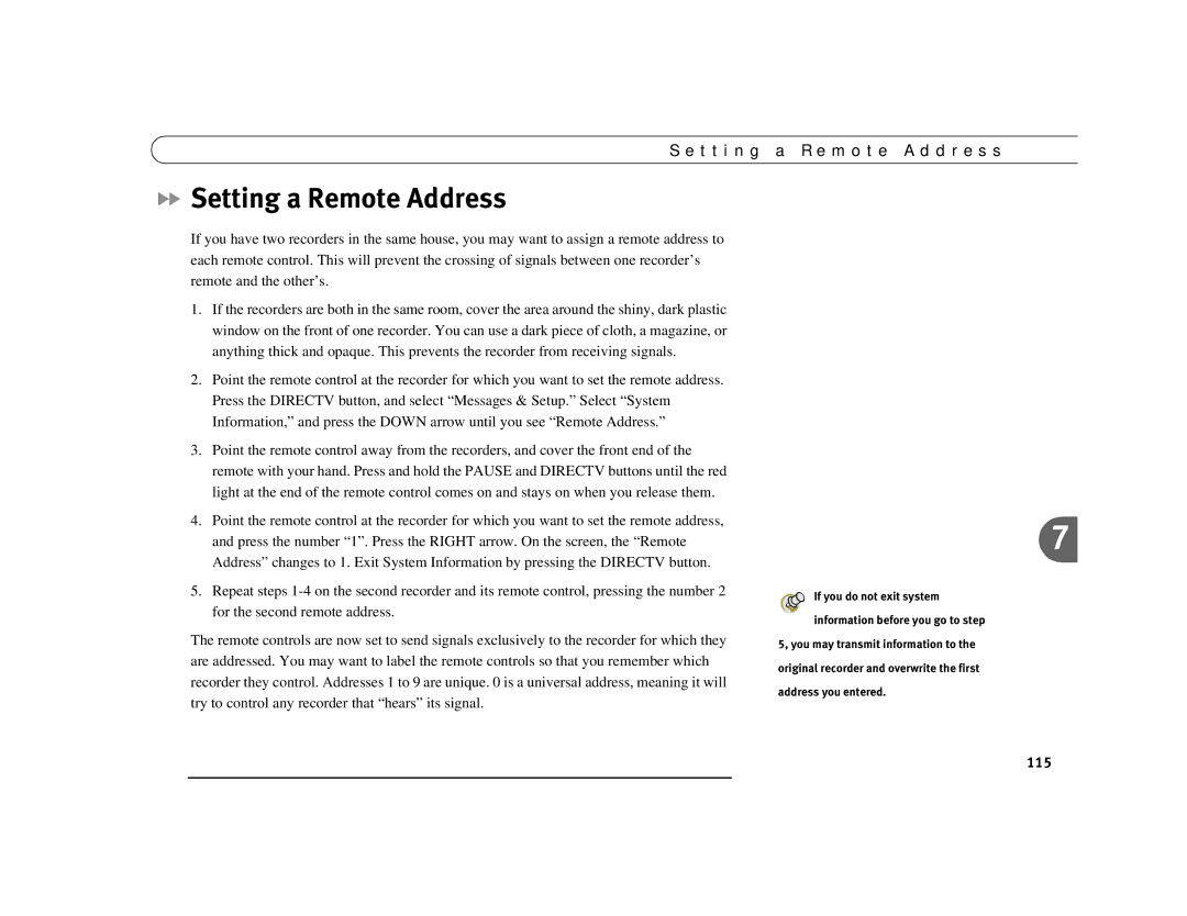 DirecTV Digital Satellite Recorder manual Setting a Remote Address, T t i n g a R e m o t e a d d r e s s 