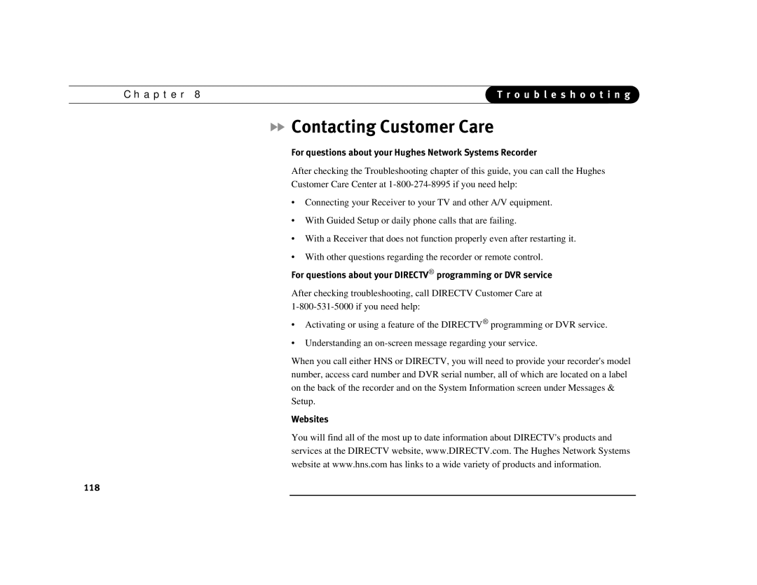 DirecTV Digital Satellite Recorder Contacting Customer Care, For questions about your Hughes Network Systems Recorder 