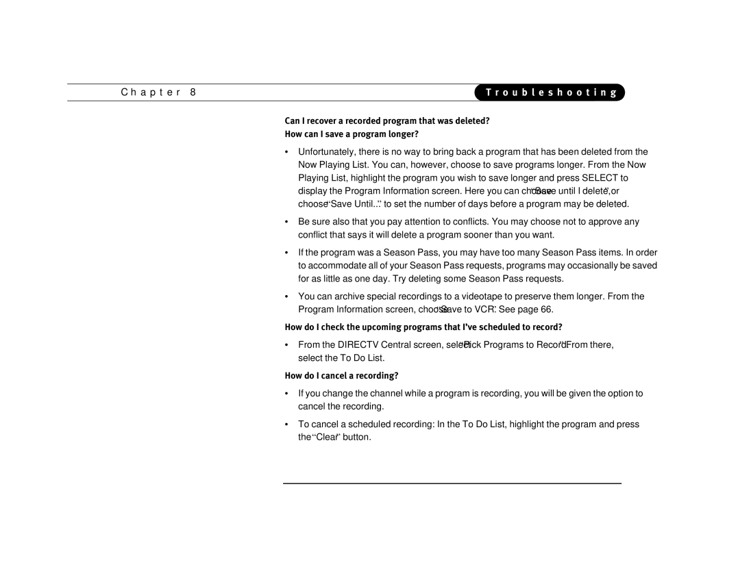 DirecTV Digital Satellite Recorder manual How do I cancel a recording?, 126 