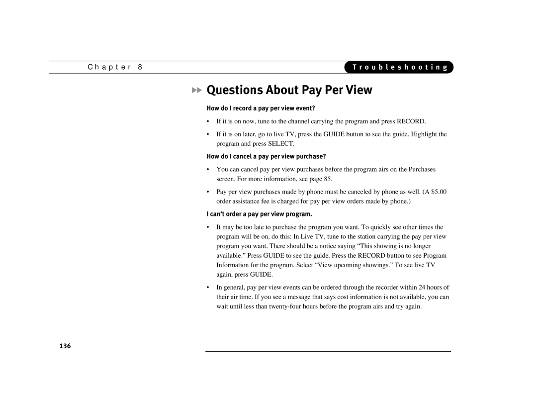 DirecTV Digital Satellite Recorder manual Questions About Pay Per View, How do I record a pay per view event? 