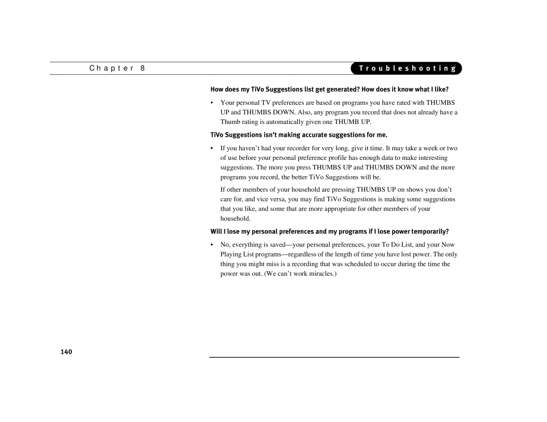 DirecTV Digital Satellite Recorder manual TiVo Suggestions isn’t making accurate suggestions for me, 140 
