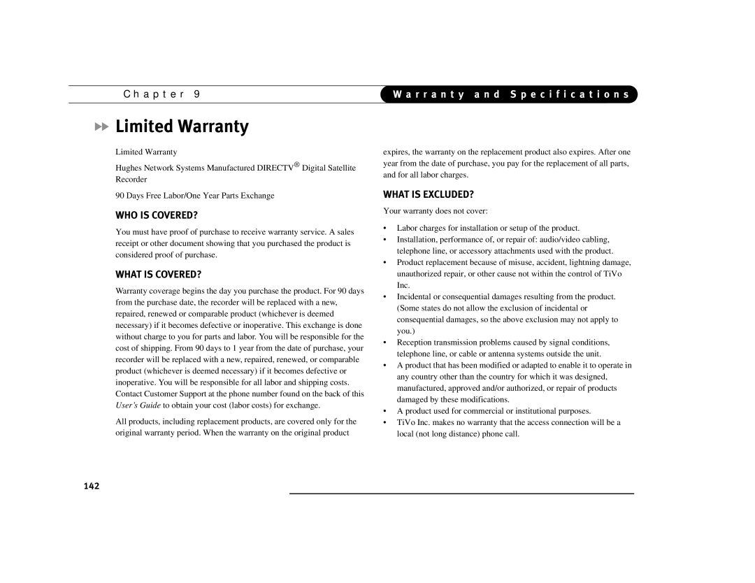 DirecTV Digital Satellite Recorder manual Limited Warranty, WHO is COVERED? 