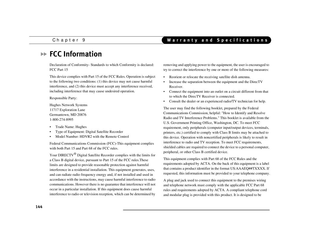 DirecTV Digital Satellite Recorder manual FCC Information, 144 