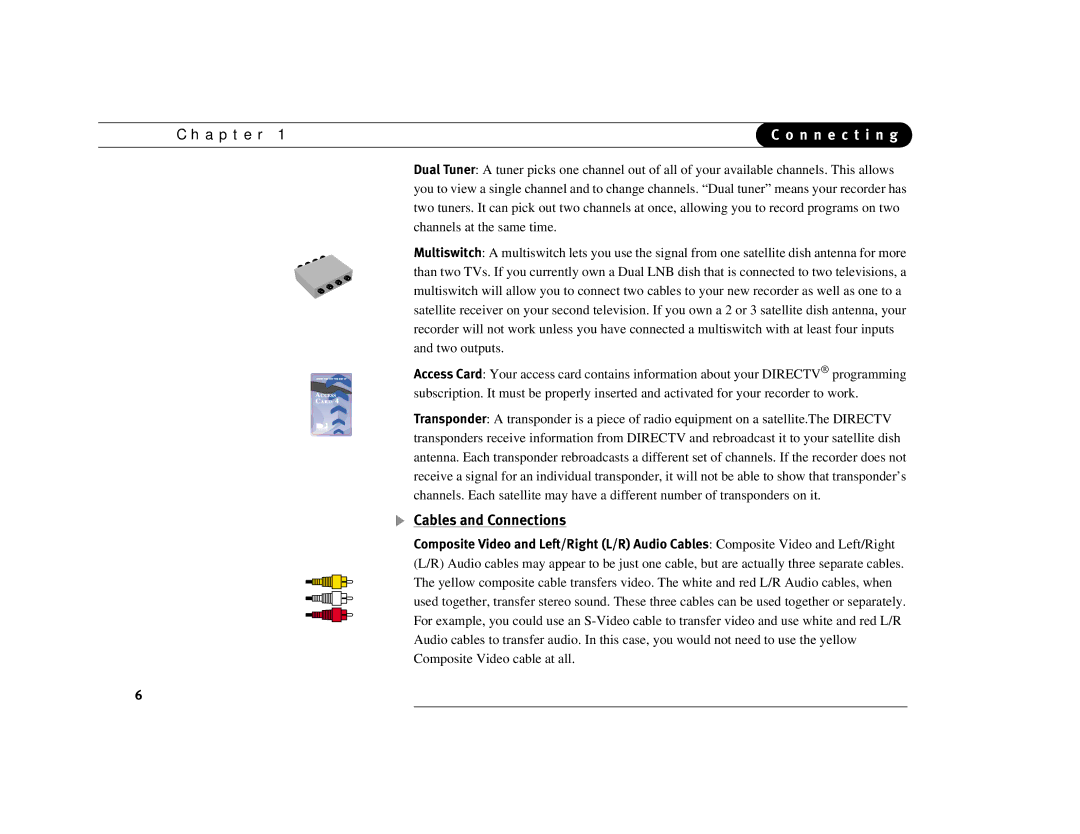 DirecTV Digital Satellite Recorder manual Cables and Connections 