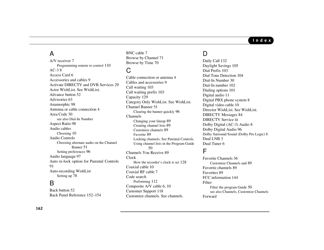 DirecTV Digital Satellite Recorder manual D e, 162 