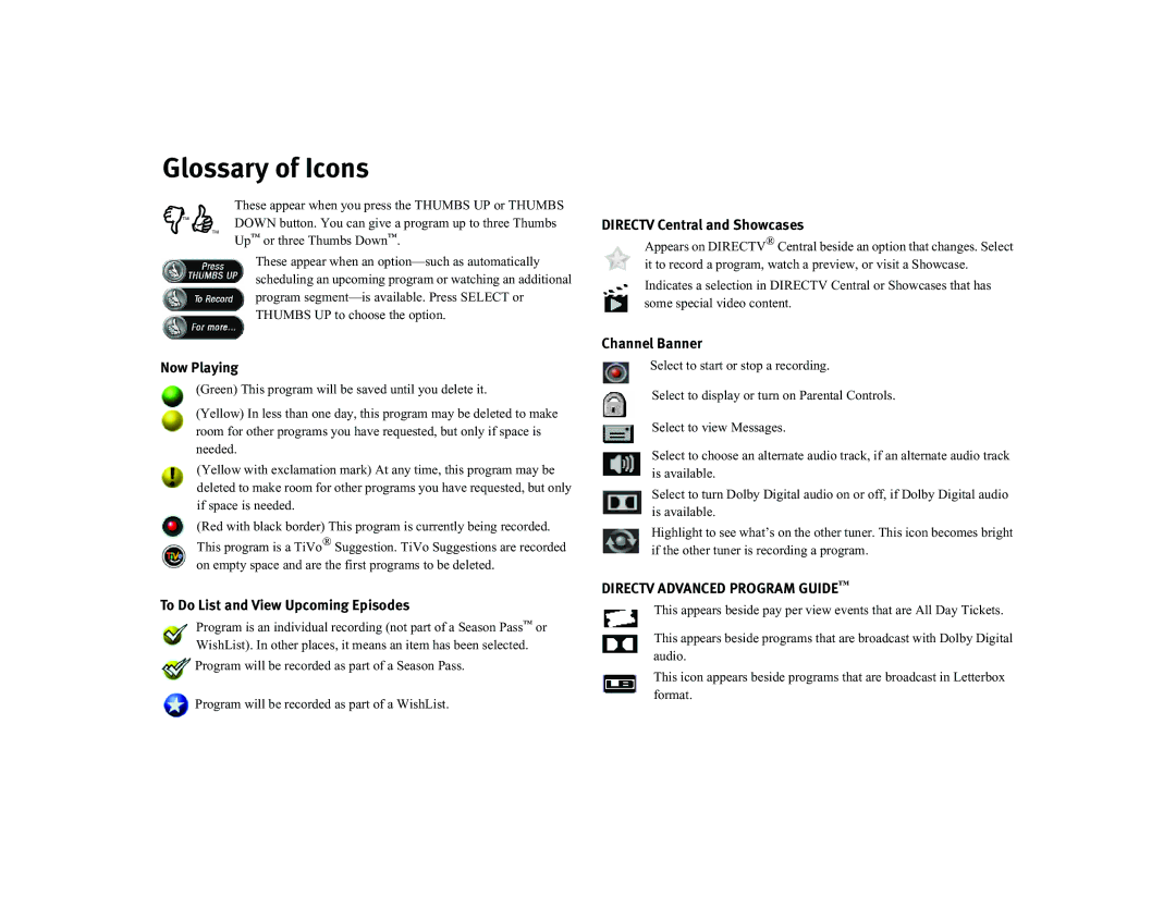 DirecTV Digital Satellite Recorder Glossary of Icons, Now Playing, To Do List and View Upcoming Episodes, Channel Banner 