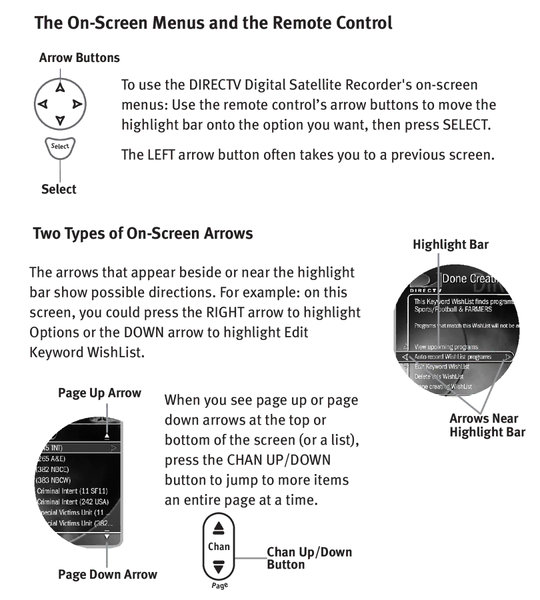 DirecTV Digital Satellite Recorder manual On-Screen Menus and the Remote Control, Two Types of On-Screen Arrows 