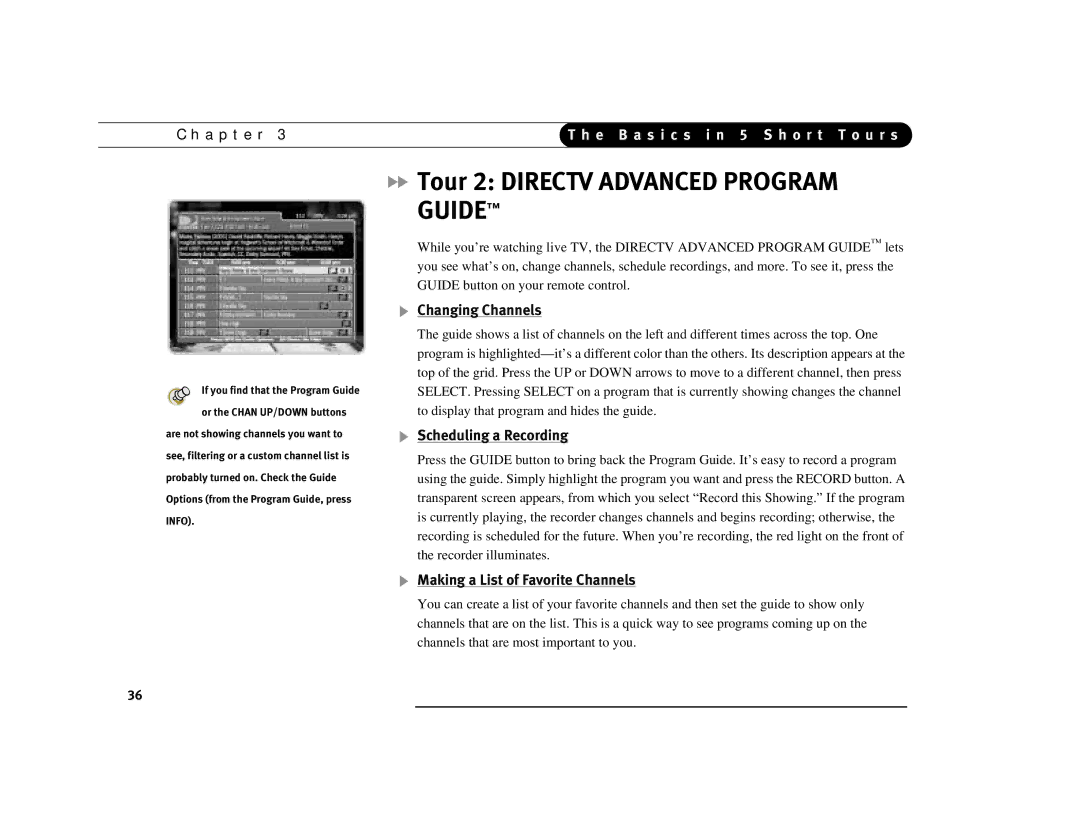 DirecTV Digital Satellite Recorder manual Tour 2 Directv Advanced Program Guide, Changing Channels, Scheduling a Recording 