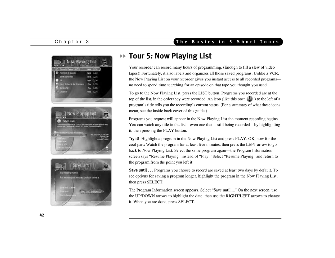 DirecTV Digital Satellite Recorder manual Tour 5 Now Playing List 