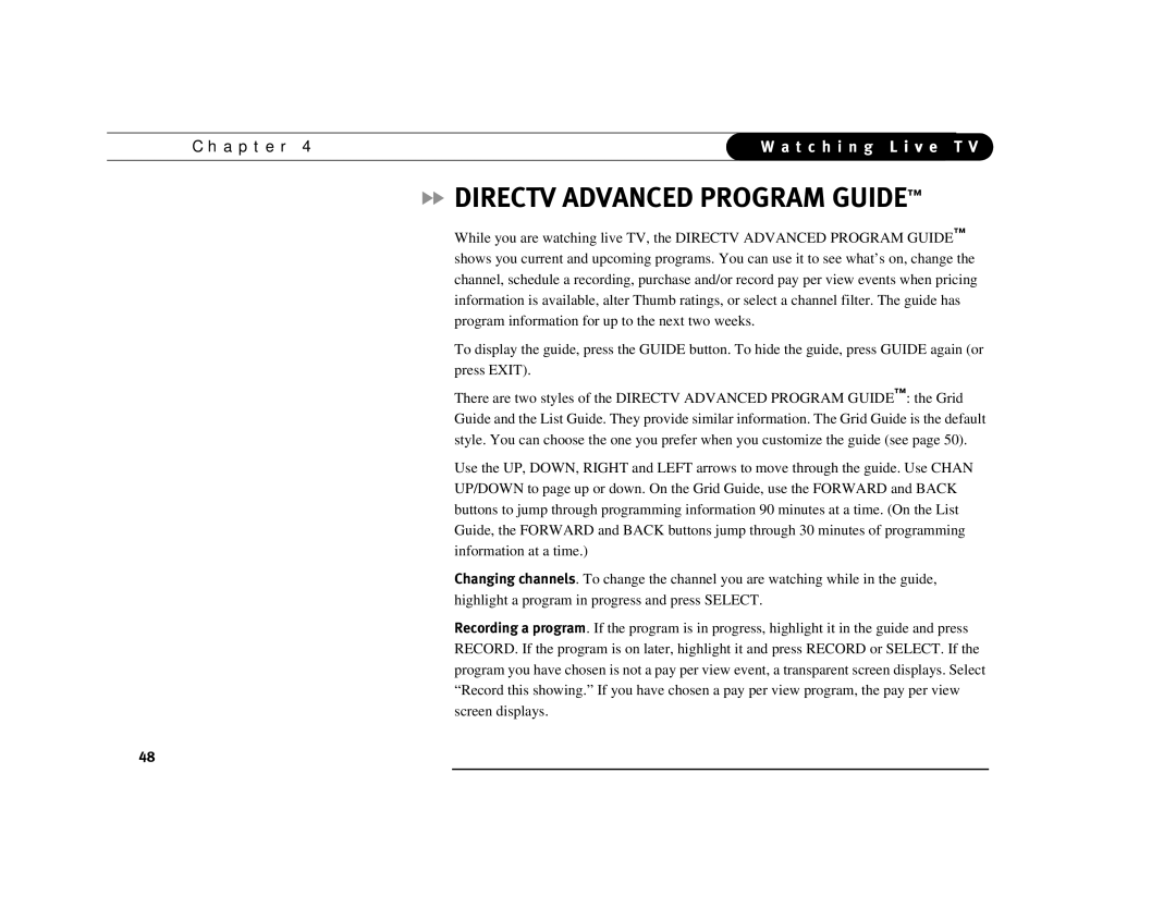 DirecTV Digital Satellite Recorder manual Directv Advanced Program Guide 