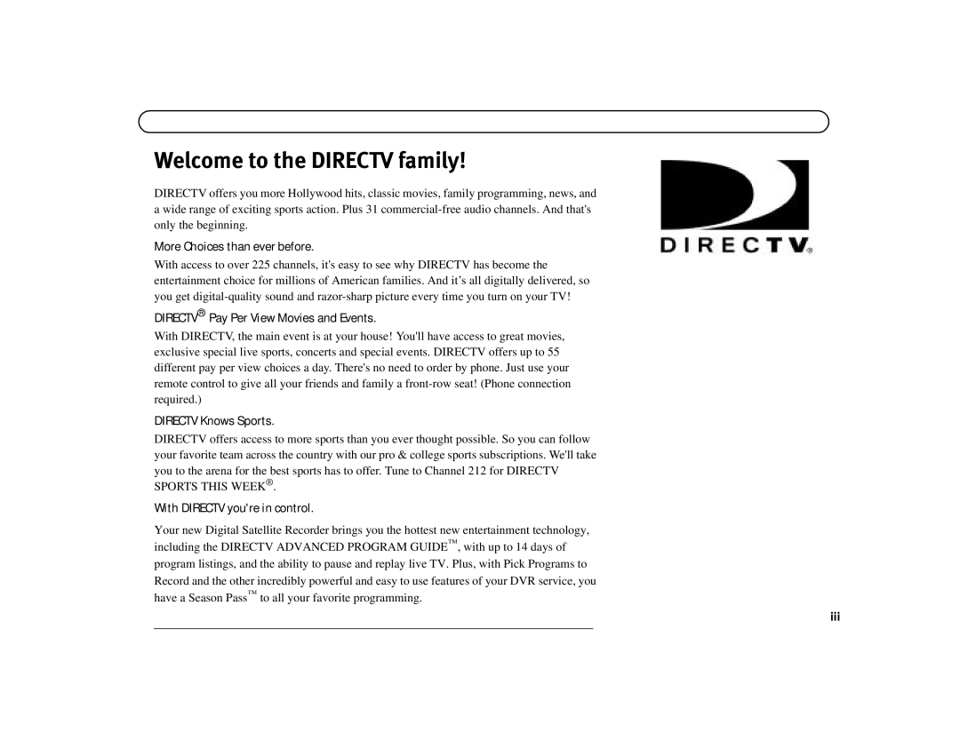 DirecTV Digital Satellite Recorder manual Welcome to the Directv family 