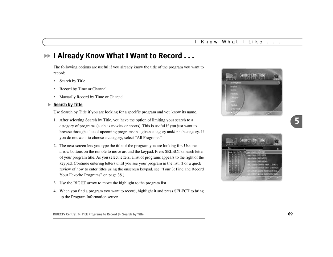 DirecTV Digital Satellite Recorder manual Already Know What I Want to Record, Search by Title 