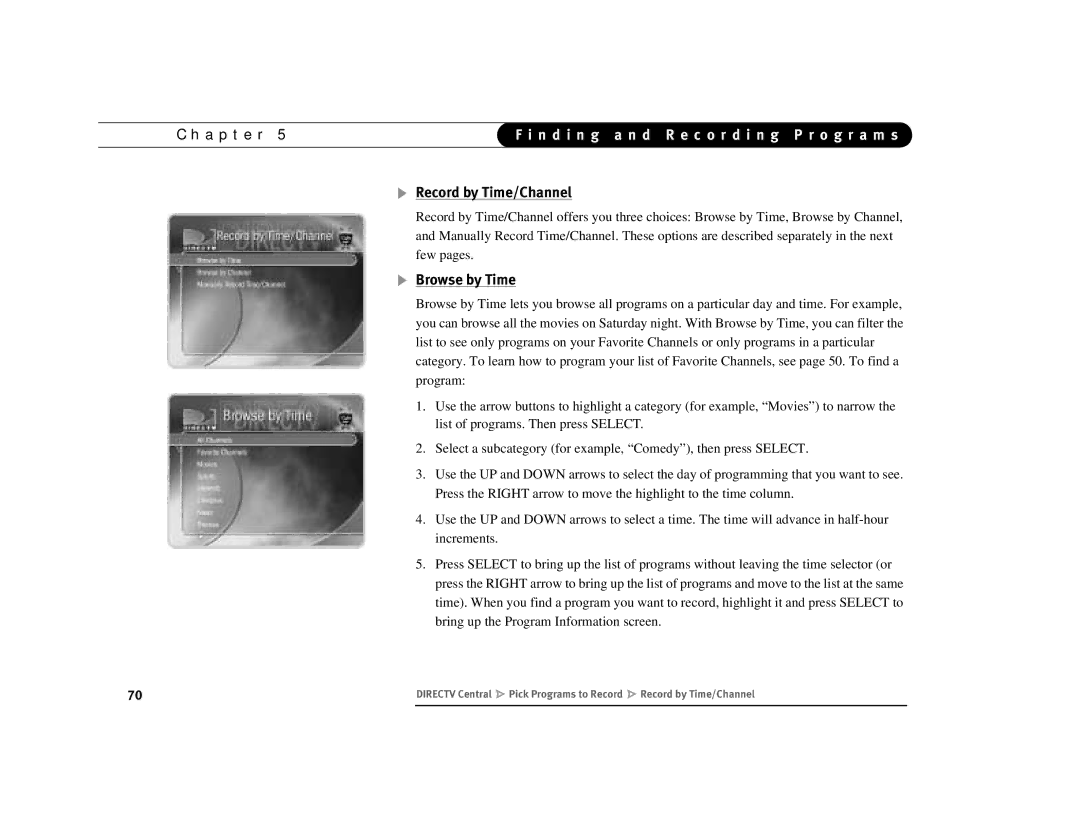 DirecTV Digital Satellite Recorder manual Record by Time/Channel, Browse by Time 