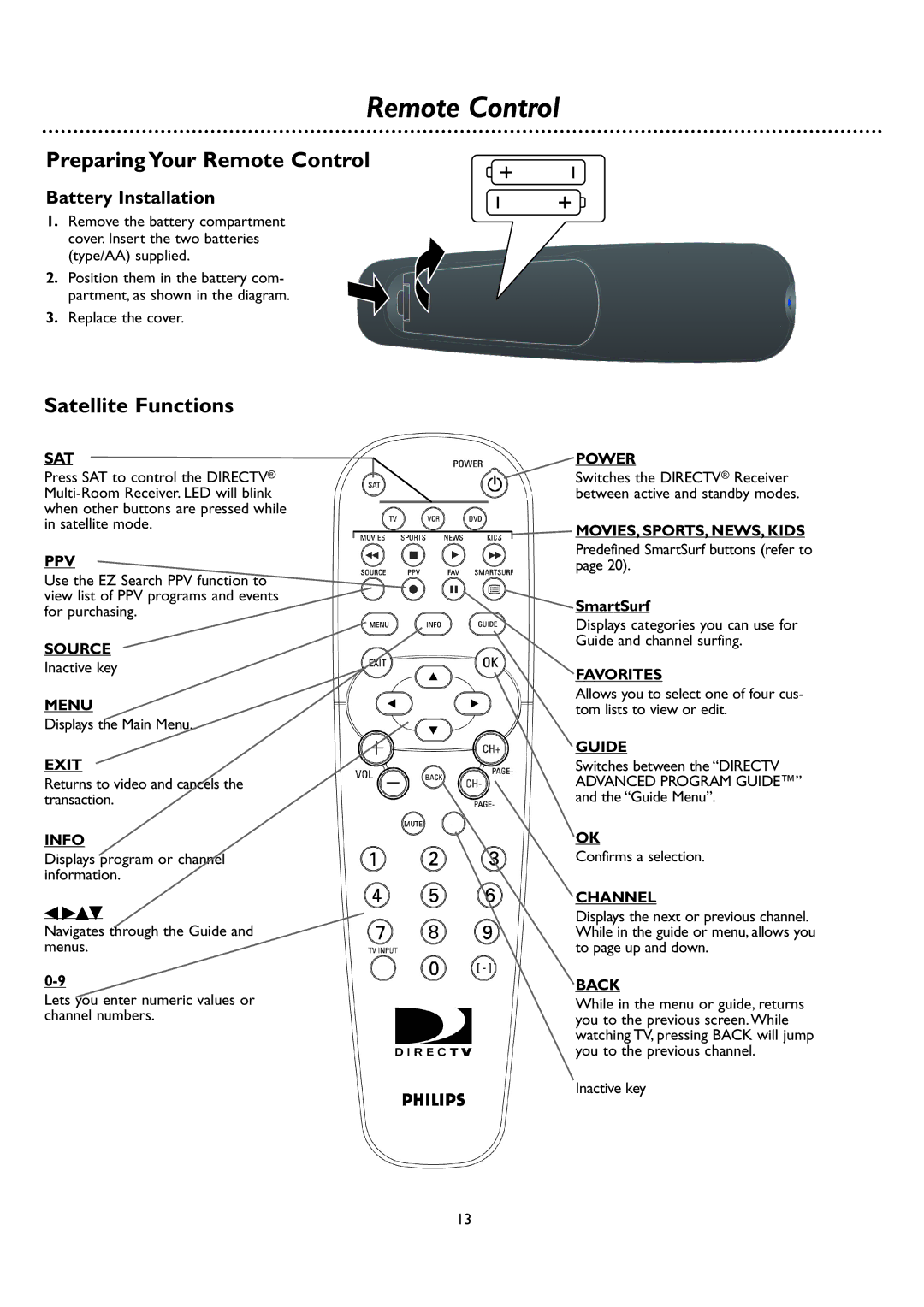 DirecTV DSR 660 manual Preparing Your Remote Control, Satellite Functions, Battery Installation, SmartSurf 