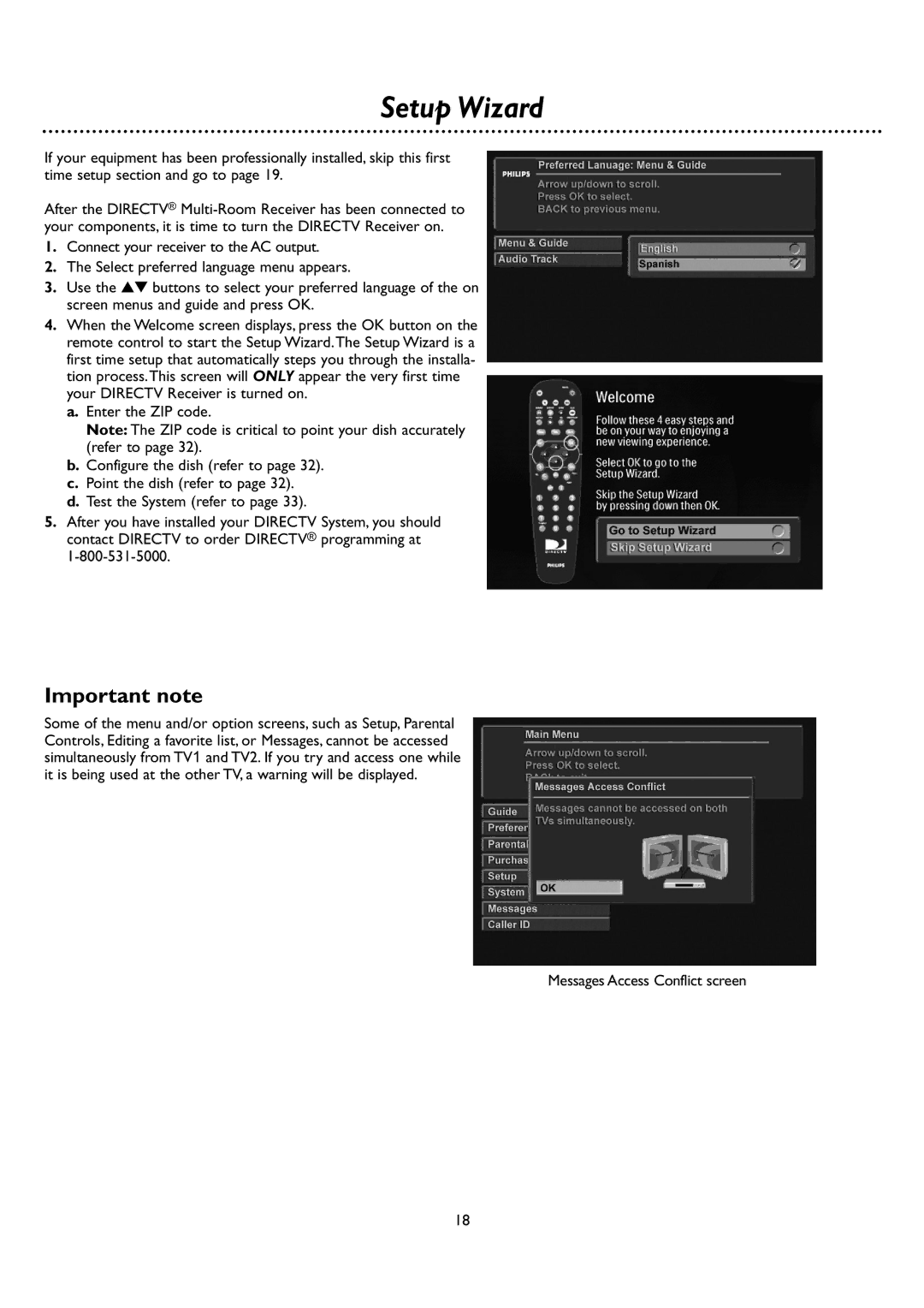 DirecTV DSR 660 manual Setup Wizard, Important note 