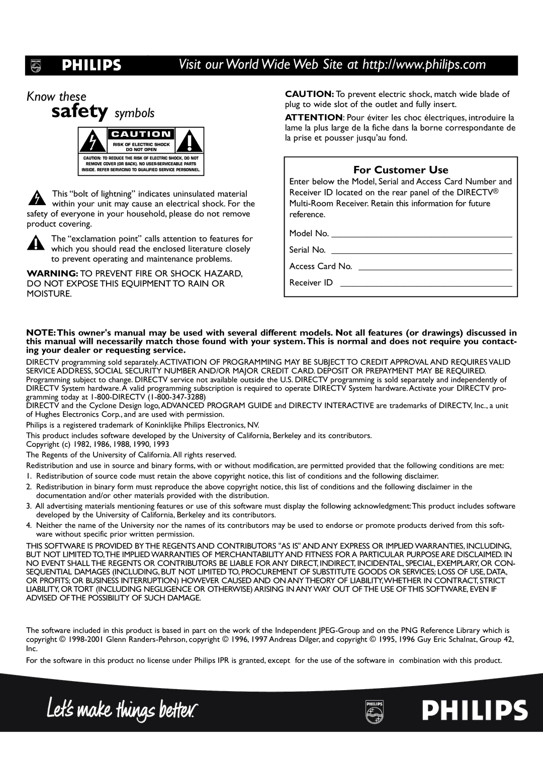 DirecTV DSR 660 manual Know these safety symbols, For Customer Use 