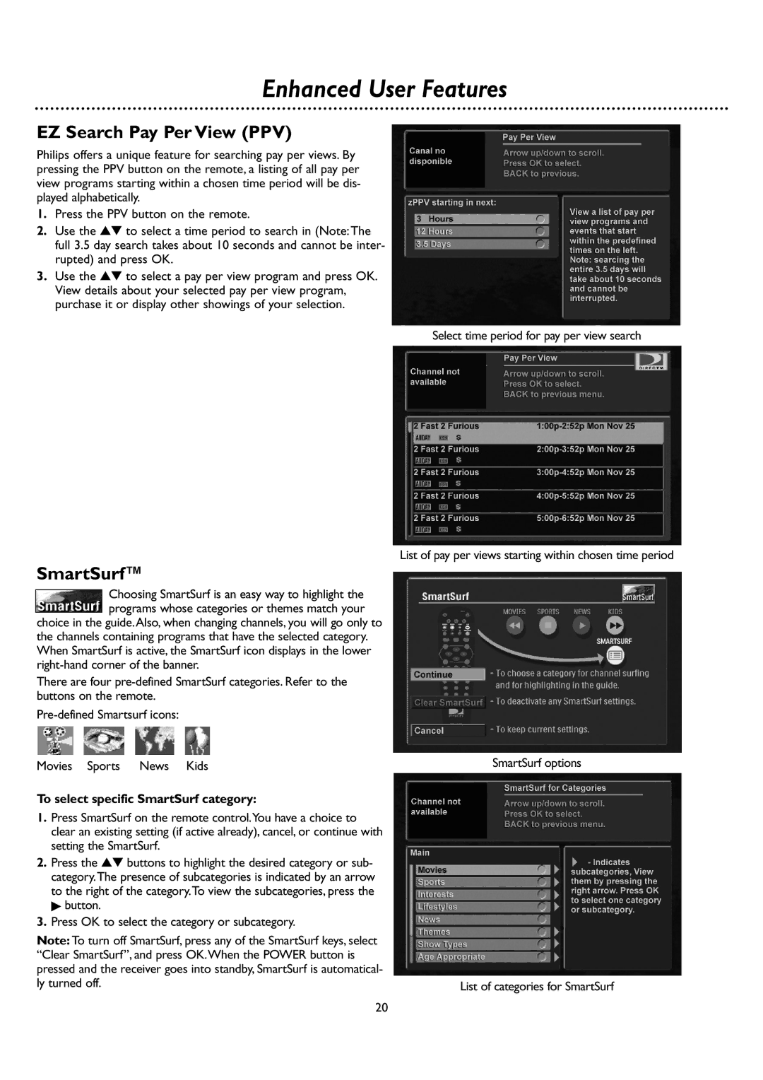 DirecTV DSR 660 manual Enhanced User Features, EZ Search Pay Per View PPV, To select specific SmartSurf category 