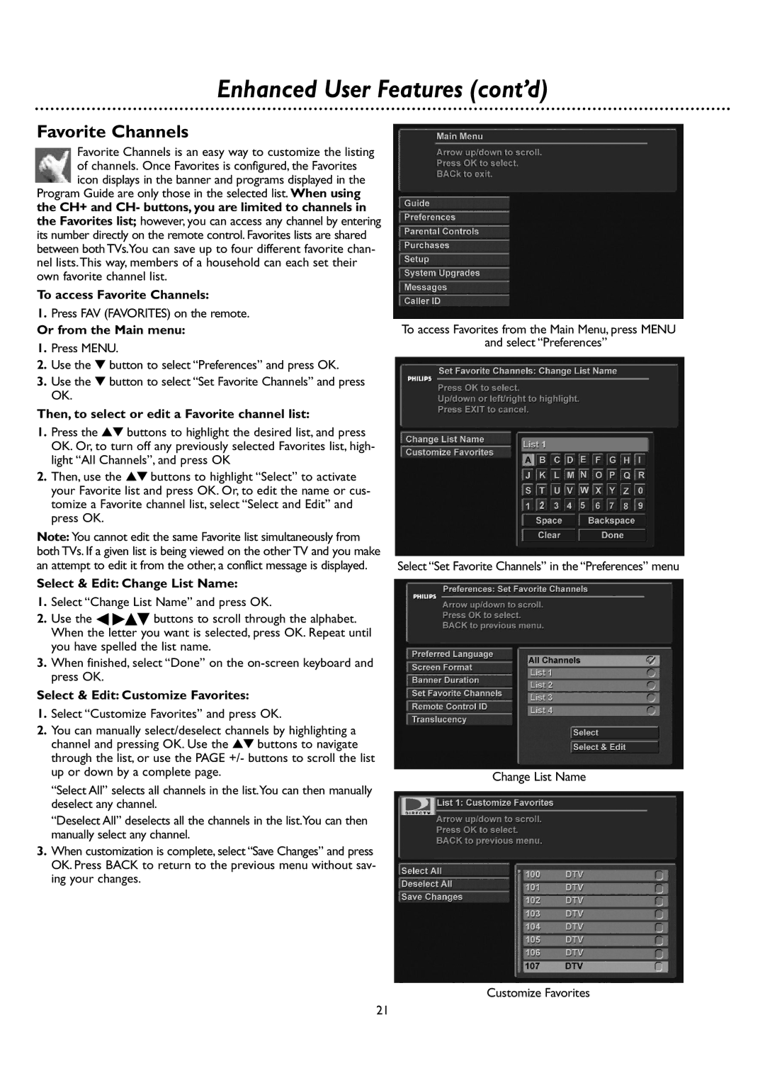 DirecTV DSR 660 manual Enhanced User Features cont’d, Favorite Channels 