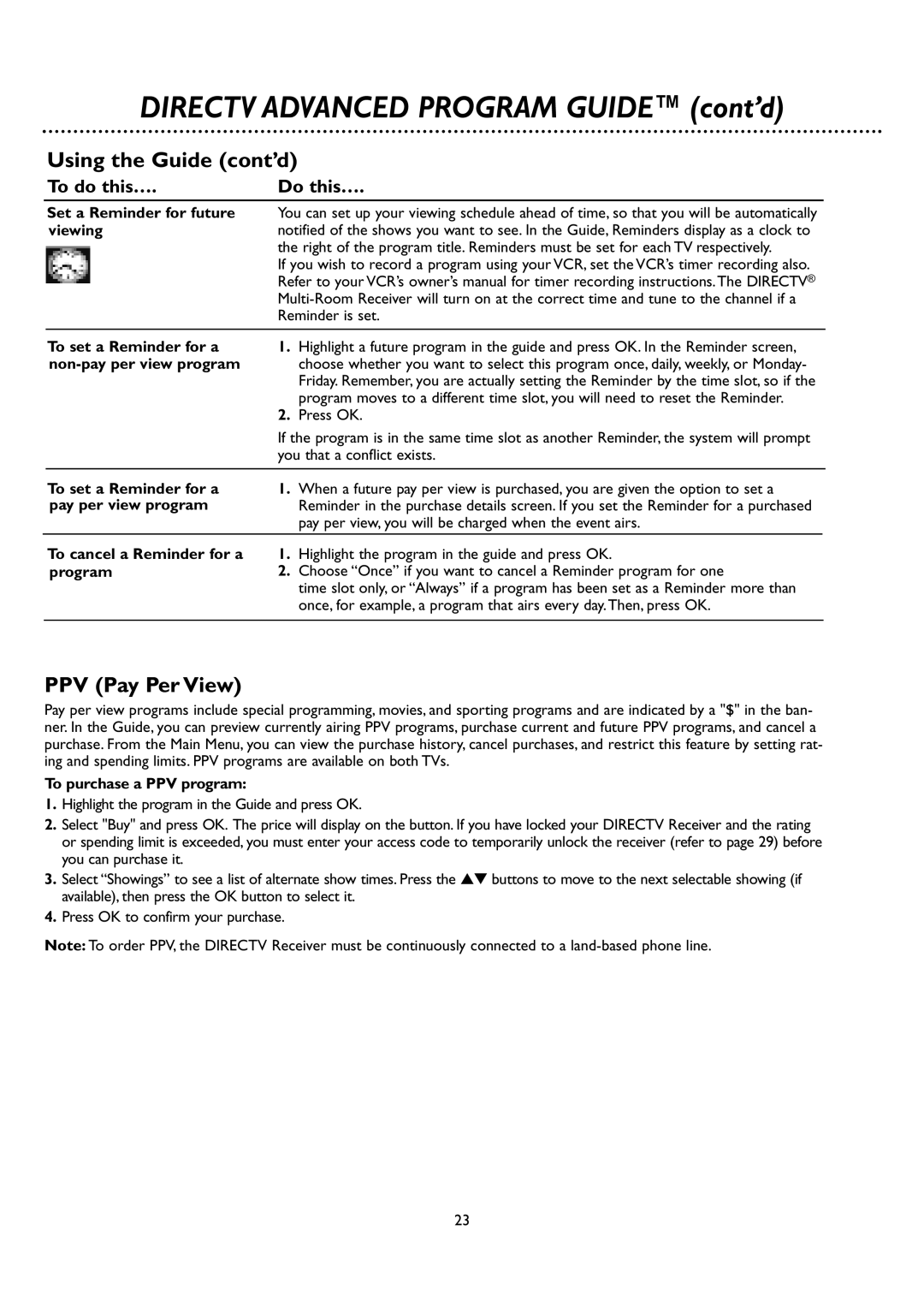 DirecTV DSR 660 manual Directv Advanced Program Guide cont’d, Using the Guide cont’d, PPV Pay Per View 