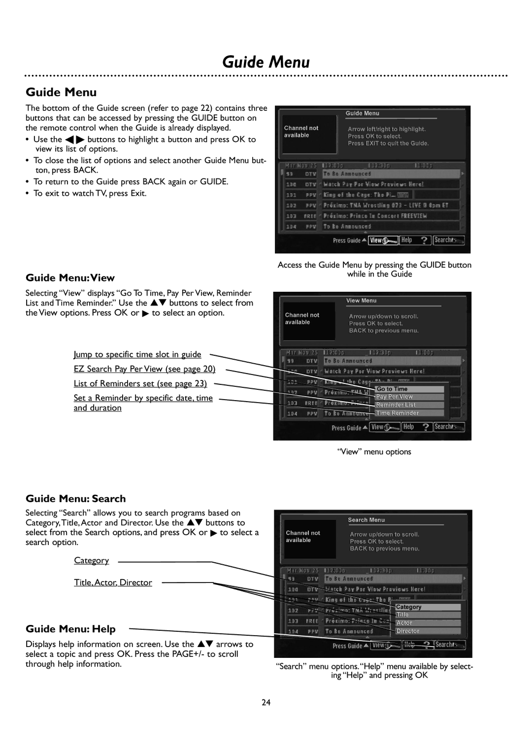 DirecTV DSR 660 manual Guide MenuView, Guide Menu Search, Guide Menu Help 