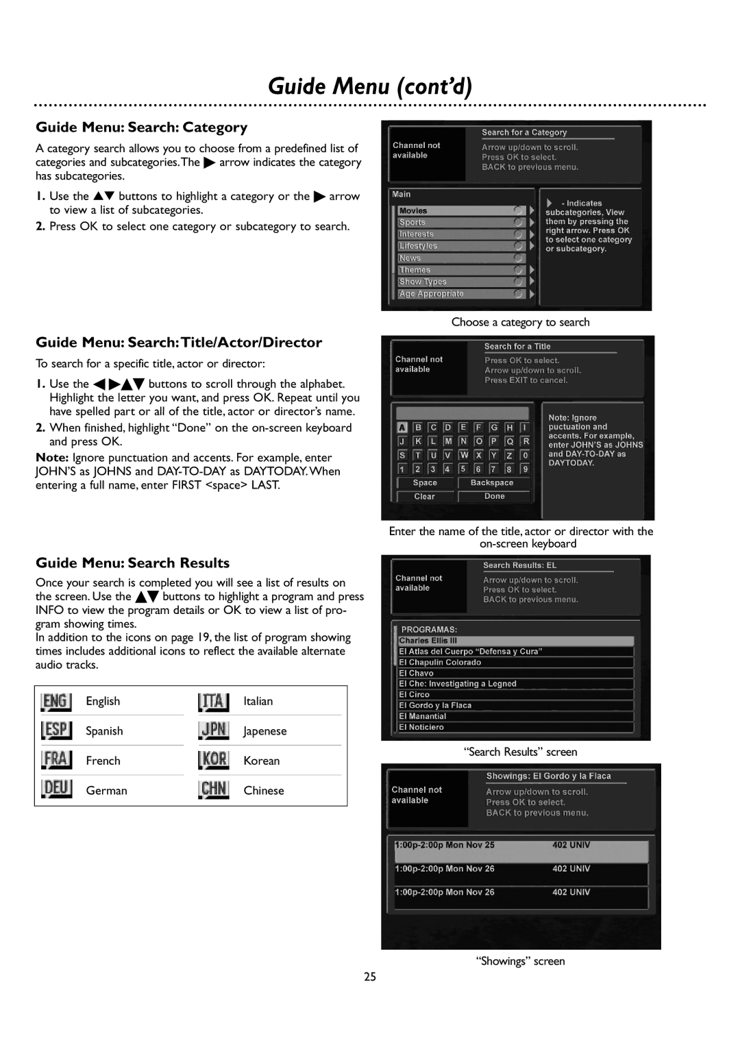 DirecTV DSR 660 manual Guide Menu cont’d, Guide Menu Search Category, Guide Menu SearchTitle/Actor/Director 