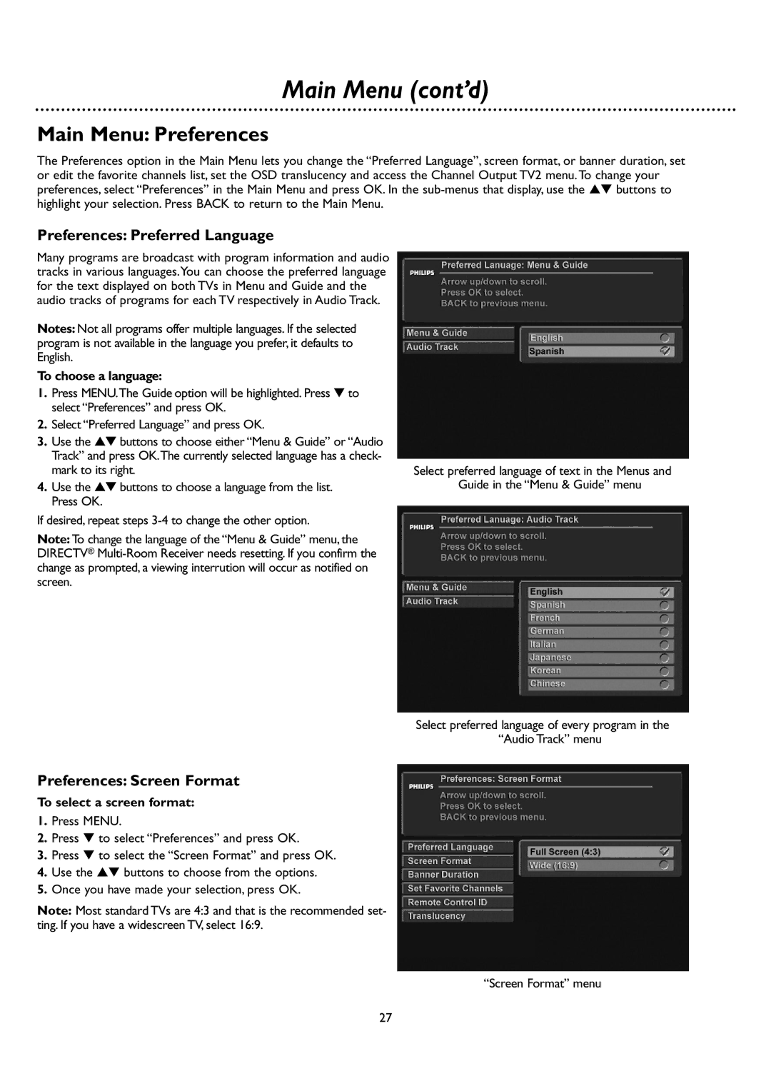 DirecTV DSR 660 manual Main Menu cont’d, Preferences Preferred Language, Preferences Screen Format, To choose a language 