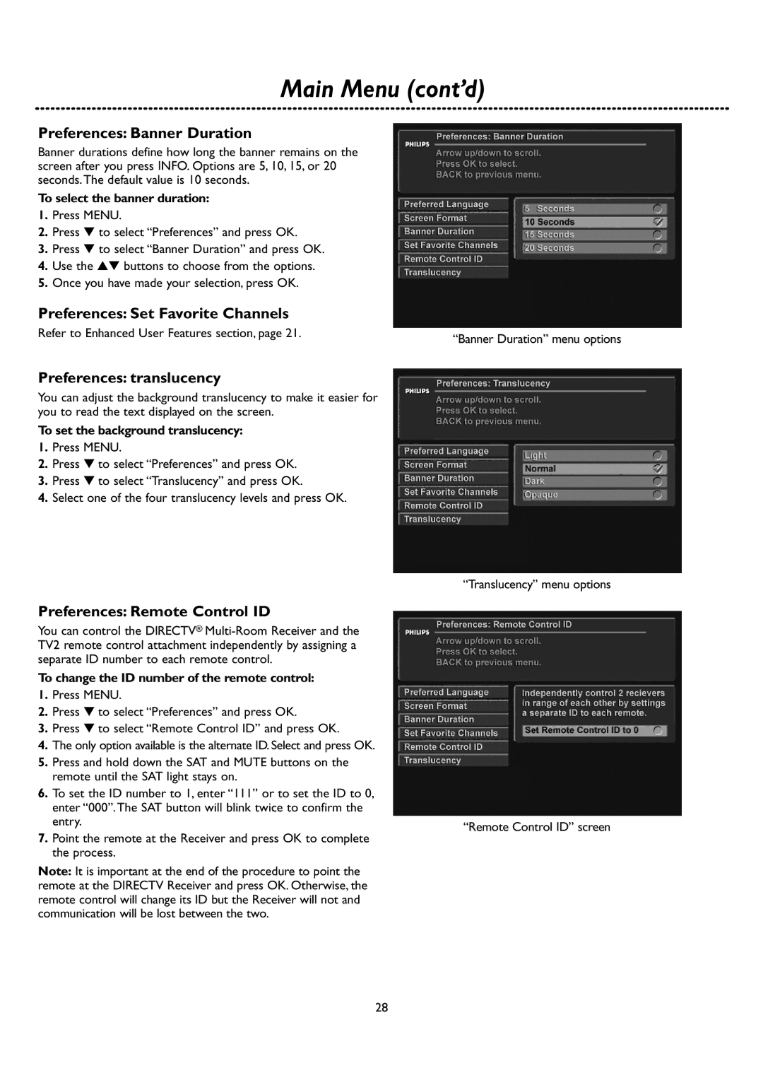 DirecTV DSR 660 manual Preferences Banner Duration, Preferences Set Favorite Channels, Preferences translucency 